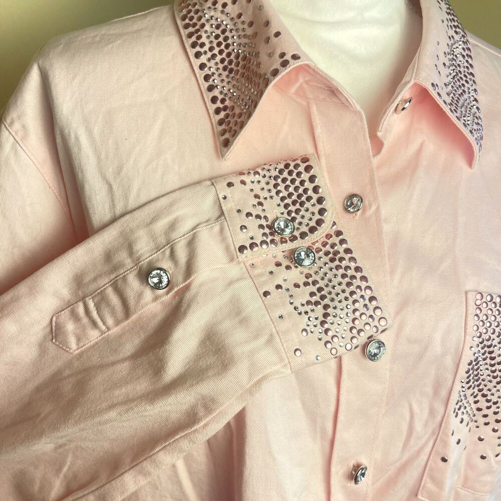 Quaker Factory Y2K Pink Western Bling Button Up Shirt XL Barbie Glam Cowgirl - Picture 2 of 16